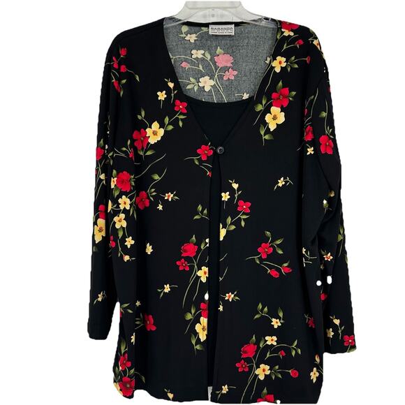 Vintage 90s Baranda Layered Look Cardigan Top Black Floral Stretch Size 2X - Picture 1 of 10